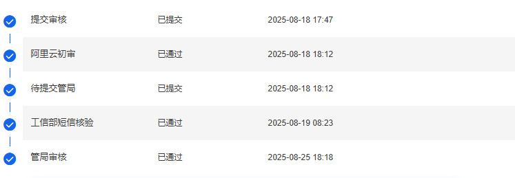 我前天提交的企业备-案域名，昨天阿里云初审通过了 