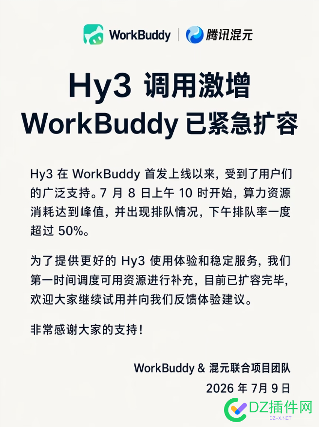 调用量火爆致算力承压，WorkBuddy 完成腾讯混元 Hy3 模型紧急扩容